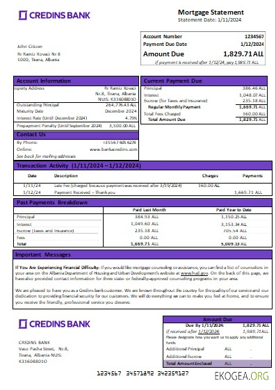 Albanie Credins Bank relevé hypothécaire scr